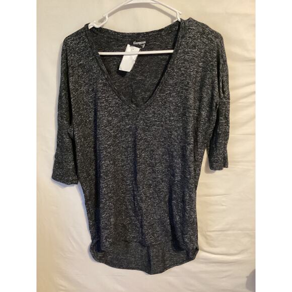 2589 Express Knit Tunic Top HiLow Hemline VNeck Fitted Sleeve Black Small Petite - Picture 4 of 4